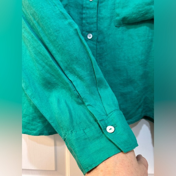 Cynthia Rowley 100% Linen Green Button Down Top Sz XL Boxy Cropped Pocket Preppy - Picture 5 of 9